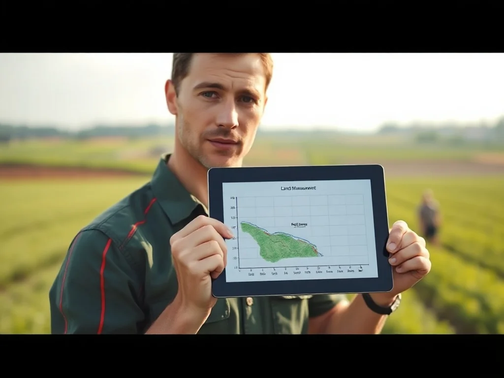 Mężczyzna trzymający tablet z wykresem pomiaru gruntu na tle zielonego pola, ilustrujący przeliczanie powierzchni działki.