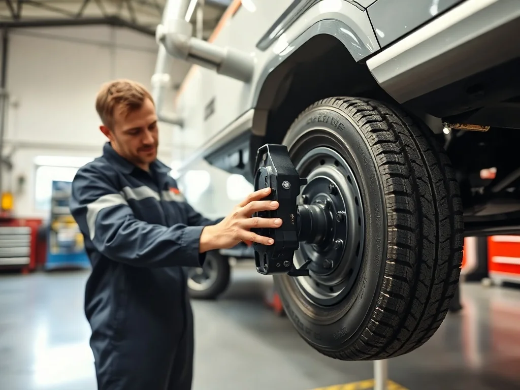 Mechanik sprawdza stan techniczny osi i zaczepu nowoczesnej przyczepy kempingowej w profesjonalnym warsztacie.