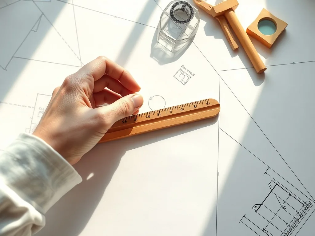 Dłonie trzymające drewnianą miarkę nad projektem architektonicznym, ilustrujące proces pomiaru powierzchni.