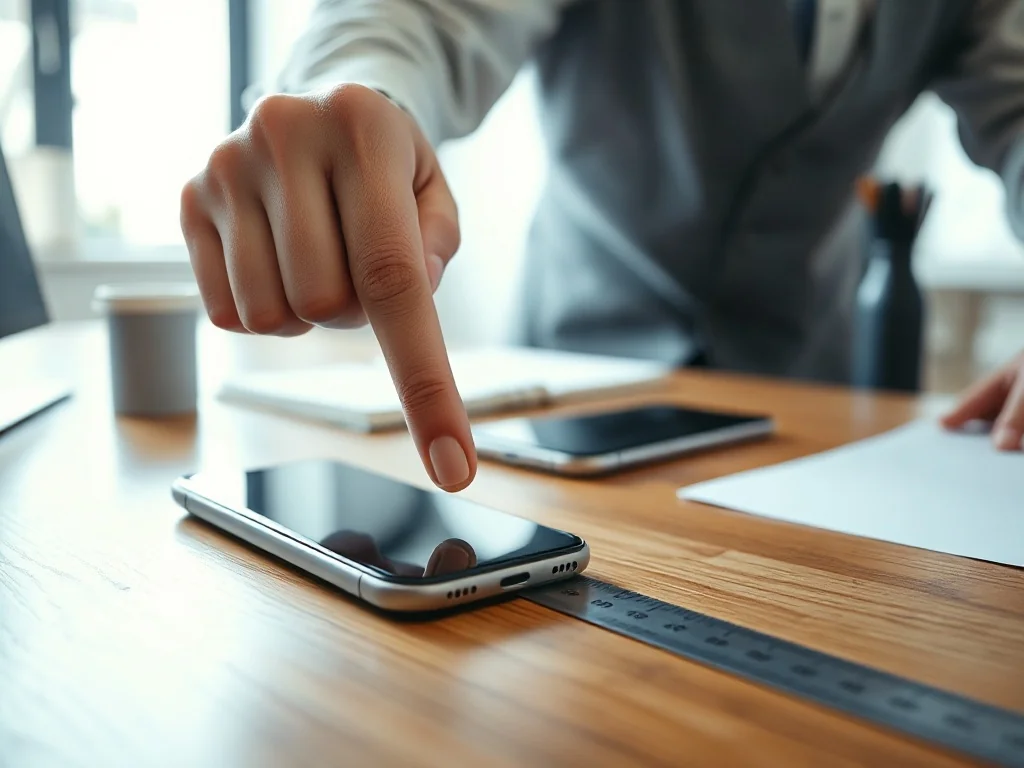 Mężczyzna wskazuje palcem na metalową linijkę leżącą na biurku obok smartfona, ilustrując proces pomiaru długości.
