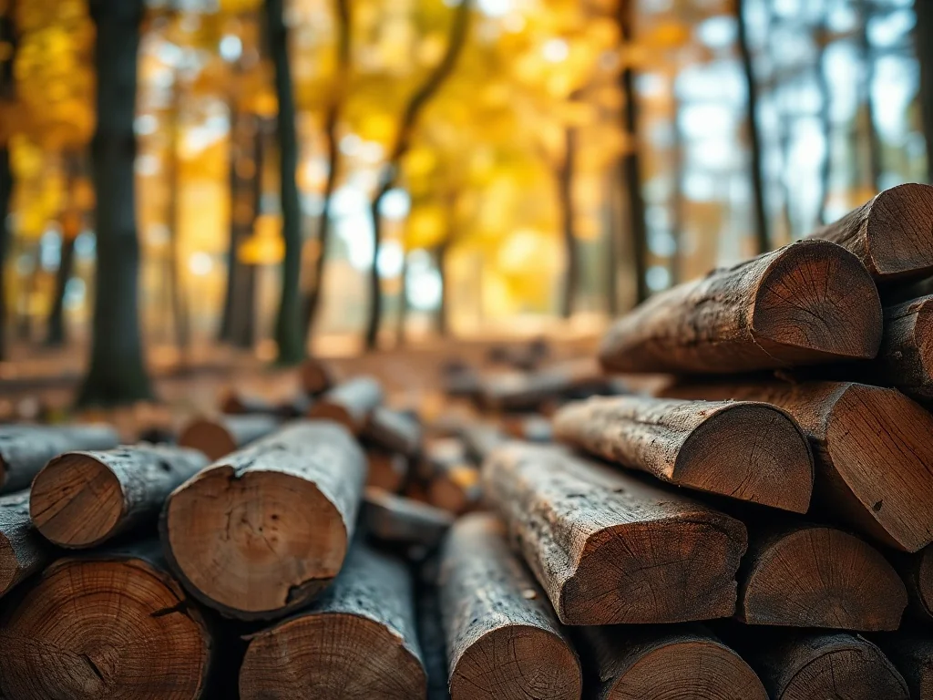 Starannie ułożone stosy suchego drewna opałowego na tle jesiennego lasu, podkreślające naturalną strukturę surowca.